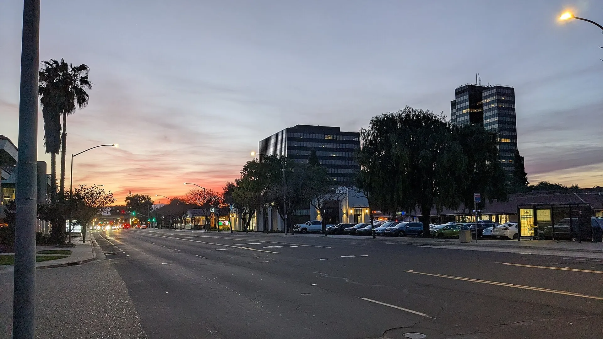 Campbell Avenue at sunset with the Pruneyard towers