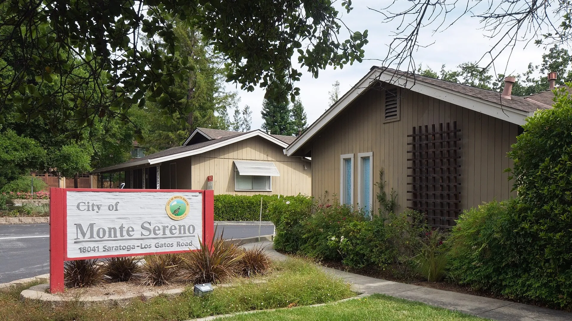 City of Monte Sereno sign and City Hall on Saratoga-Los Gatos Road