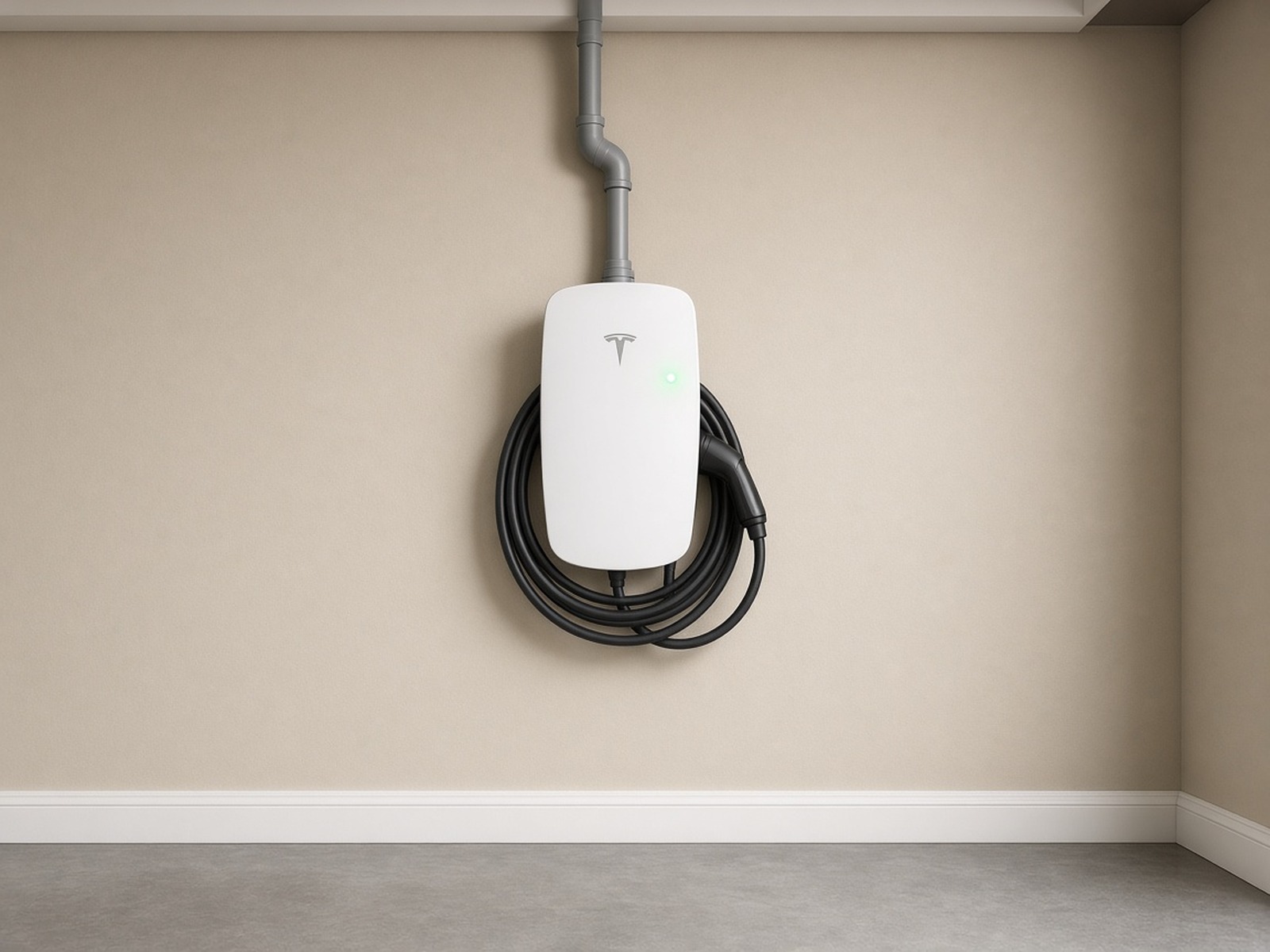 Wall-mounted home EV charger with cable coiled on the unit