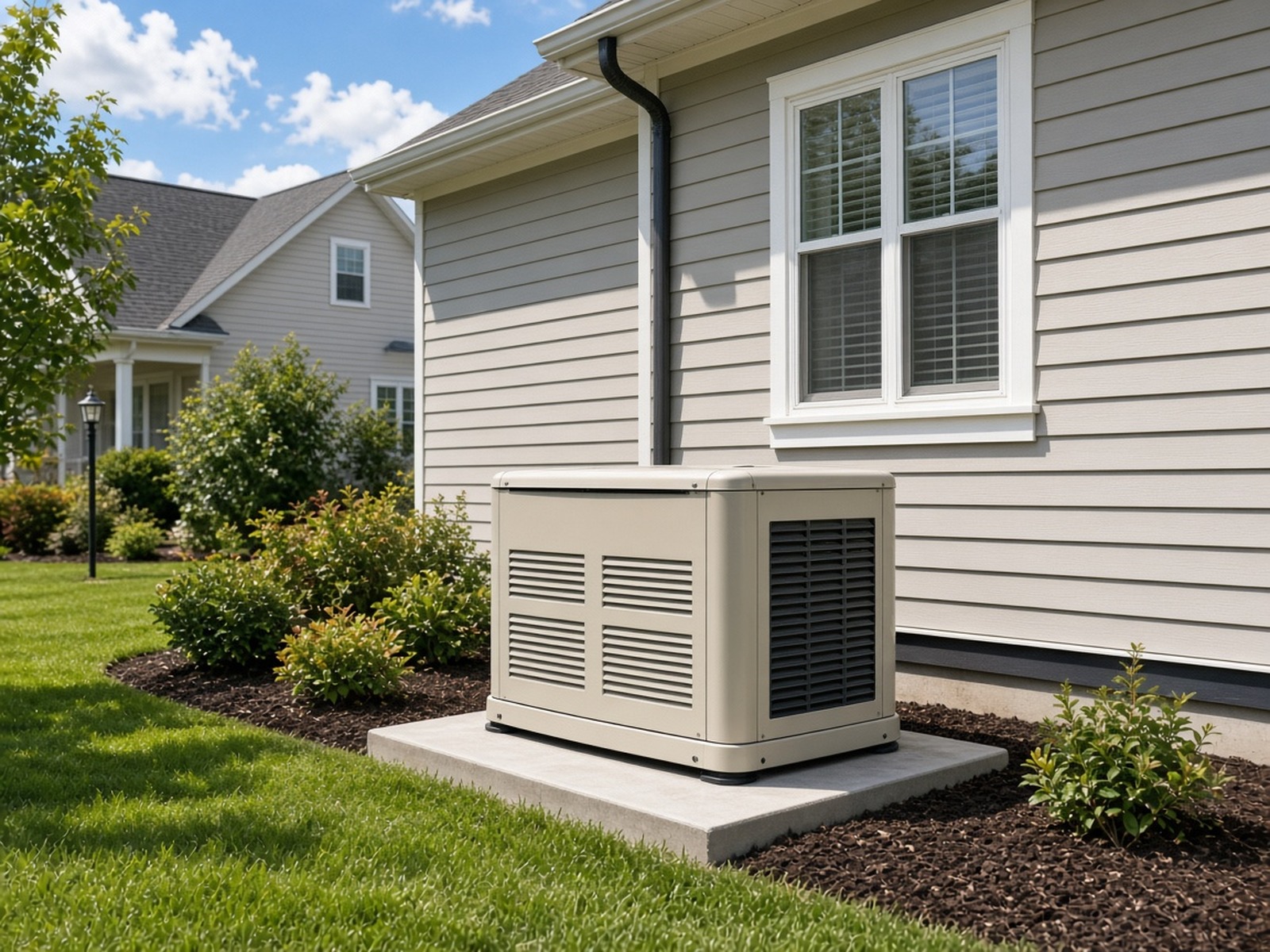 Residential home standby generator on a concrete pad beside a house