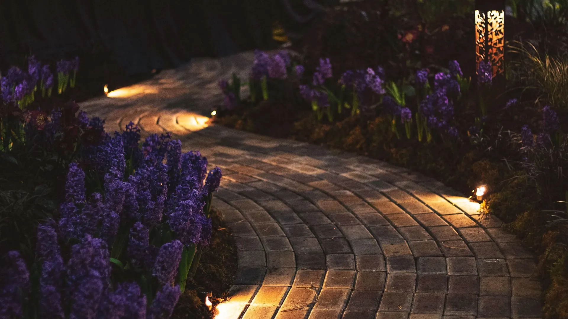 Brick garden path at night with low-voltage path lights along the walk