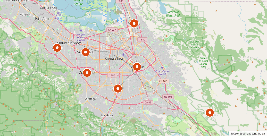 Map showing Executive Electric service area covering San Jose, Sunnyvale, Cupertino, Santa Clara, Milpitas, Los Altos, and Campbell in Santa Clara County, California